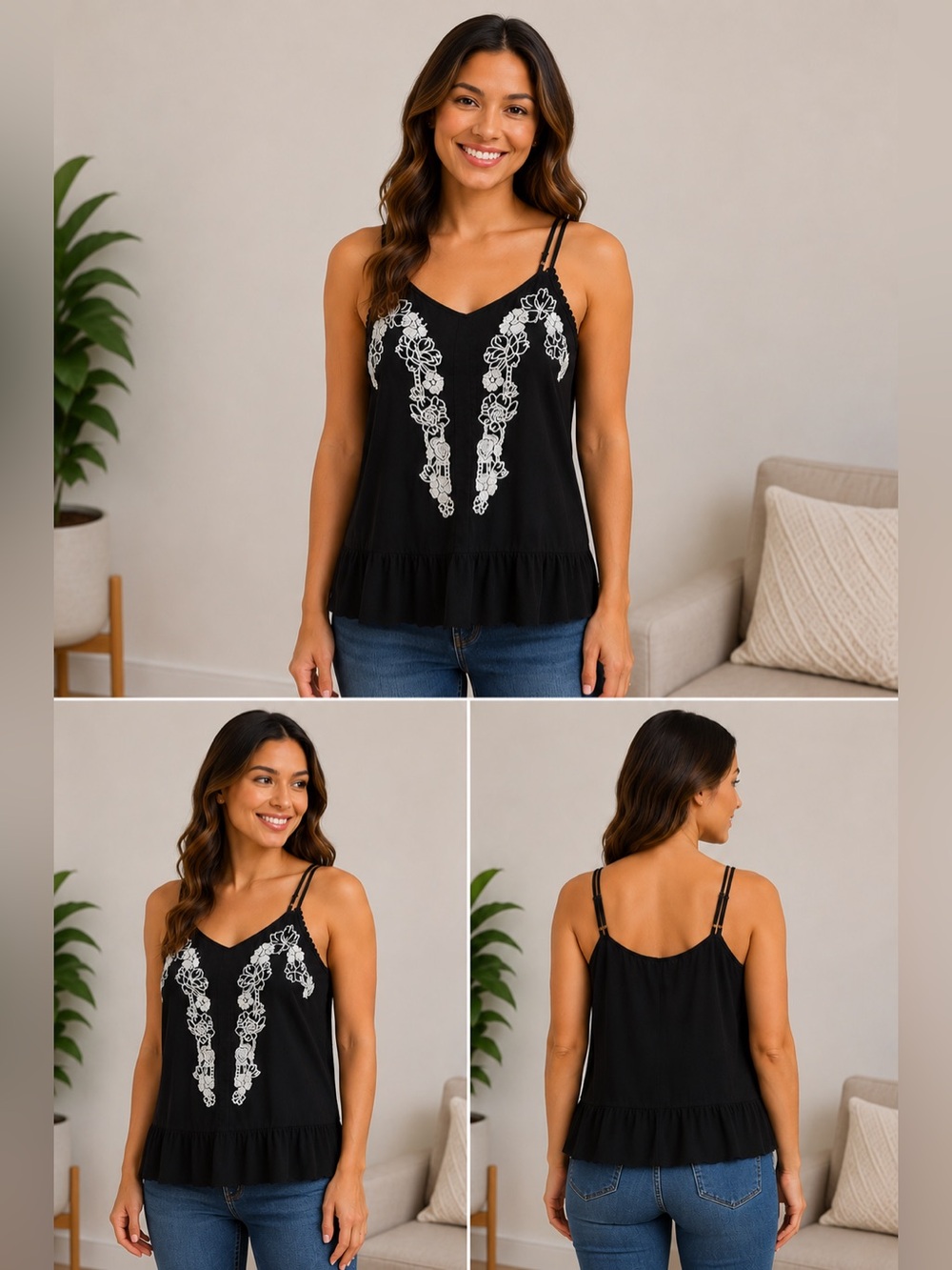 love on a hanger Black Tank Top with White Floral Embroidery